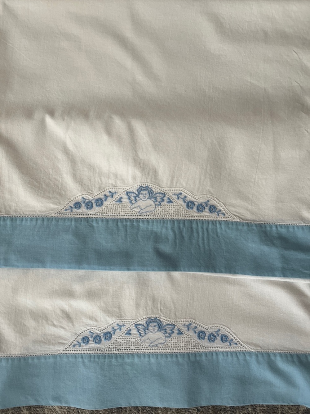 Vintage Pillowcases Embroidered Cherub Angel 2 Piece Standard Blue White